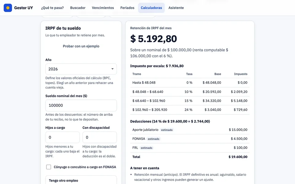 Calculadora de IRPF do Gestor UY com o resultado e o cálculo faixa por faixa