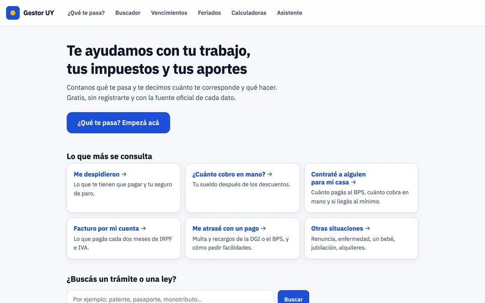 Página inicial do Gestor UY com as consultas mais frequentes