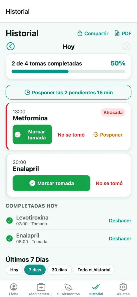 Pastillero: doses do dia, uma atrasada e as já tomadas